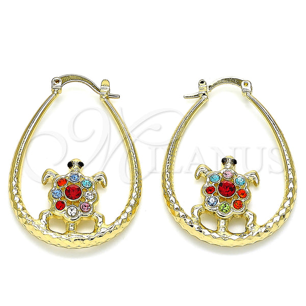 Gold Filled Hoop Earrings — Medium Hoop Turtle Design with Multicolor Crystal Diamond — main product view — SKU 141440 | Oro Laminado aretes de aro — Medium Hoop Turtle diseño with Multicolor cristal Diamond — SKU 141440