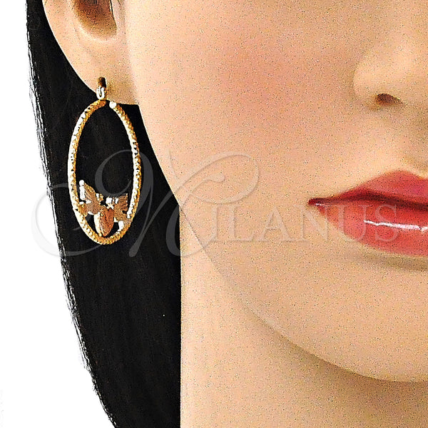 Gold Filled Hoop Earrings — Medium Hoop Heart and Bird Design Diamond Cutting — alternate product view — SKU 141441 | Oro Laminado aretes de aro — Medium Hoop corazón and Bird diseño Diamond Cutting — SKU 141441