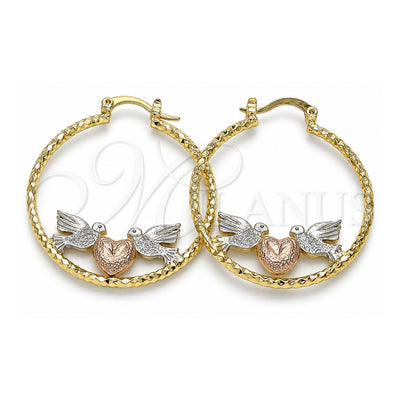 Oro Laminado Medium Hoop, Gold Filled Style Heart and Bird Design, Diamond Cutting Finish, Tricolor, 02.351.0104.35