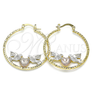 Gold Filled Hoop Earrings — Medium Hoop Heart and Bird Design Diamond Cutting — main product view — SKU 141441 | Oro Laminado aretes de aro — Medium Hoop corazón and Bird diseño Diamond Cutting — SKU 141441