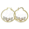 Oro Laminado Medium Hoop, Gold Filled Style Heart and Bird Design, Diamond Cutting Finish, Tricolor, 02.351.0104.35