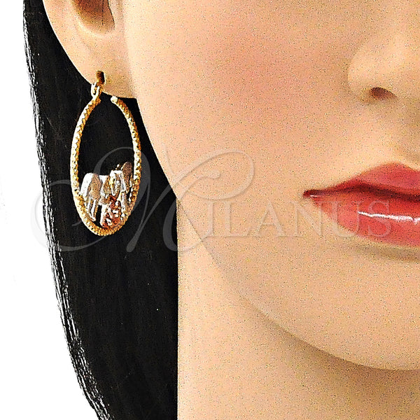 Gold Filled Hoop Earrings — Medium Hoop Flower and Elephant Design Diamond Cutting — alternate product view — SKU 141442 | Oro Laminado aretes de aro — Medium Hoop flor and Elephant diseño Diamond Cutting — SKU 141442
