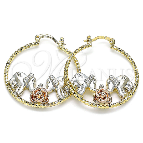 Gold Filled Hoop Earrings — Medium Hoop Flower and Elephant Design Diamond Cutting — main product view — SKU 141442 | Oro Laminado aretes de aro — Medium Hoop flor and Elephant diseño Diamond Cutting — SKU 141442