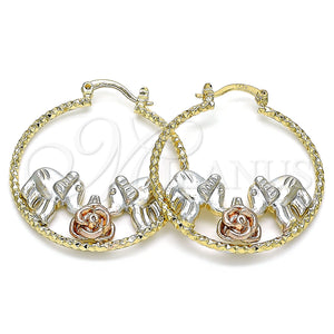 Gold Filled Hoop Earrings — Medium Hoop Flower and Elephant Design Diamond Cutting — main product view — SKU 141442 | Oro Laminado aretes de aro — Medium Hoop flor and Elephant diseño Diamond Cutting — SKU 141442