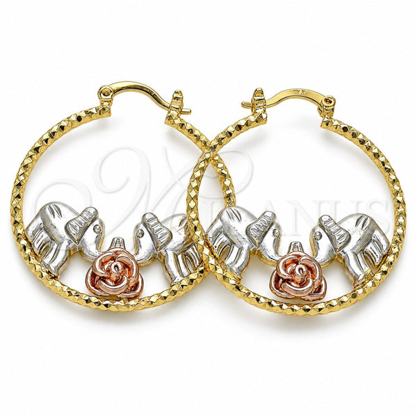 Oro Laminado Medium Hoop, Gold Filled Style Flower and Elephant Design, Diamond Cutting Finish, Tricolor, 02.351.0105.35