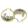 Oro Laminado Medium Hoop, Gold Filled Style Love and Flower Design, with White Crystal, Diamond Cutting Finish, Tricolor, 02.351.0106.35