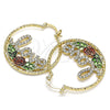 Oro Laminado Medium Hoop, Gold Filled Style Love and Flower Design, with White Crystal, Diamond Cutting Finish, Tricolor, 02.351.0106.35