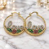 Oro Laminado Medium Hoop, Gold Filled Style Love and Flower Design, with White Crystal, Diamond Cutting Finish, Tricolor, 02.351.0106.35