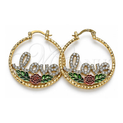 Oro Laminado Medium Hoop, Gold Filled Style Love and Flower Design, with White Crystal, Diamond Cutting Finish, Tricolor, 02.351.0106.35