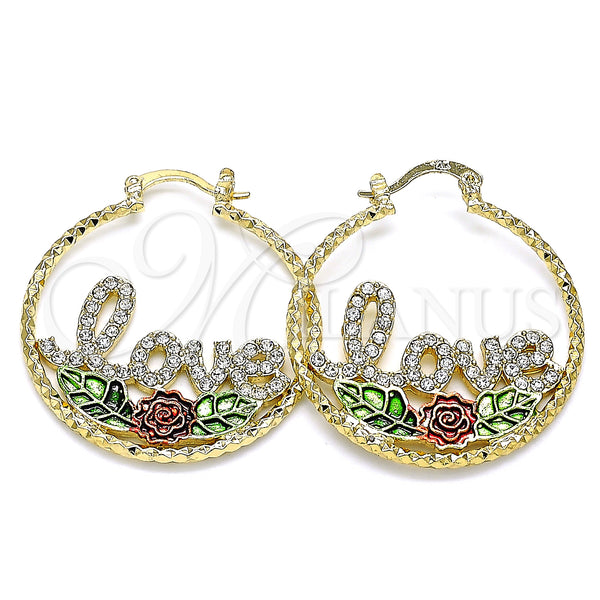Gold Filled Hoop Earrings — Medium Hoop Love and Flower Design with White — main product view — SKU 141443 | Oro Laminado aretes de aro — Medium Hoop Love and flor diseño with blanco — SKU 141443