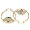 Oro Laminado Medium Hoop, Gold Filled Style Guadalupe and Heart Design, with Multicolor Crystal, Diamond Cutting Finish, Tricolor, 02.351.0107.35
