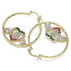 Oro Laminado Medium Hoop, Gold Filled Style Guadalupe and Heart Design, with Multicolor Crystal, Diamond Cutting Finish, Tricolor, 02.351.0107.35