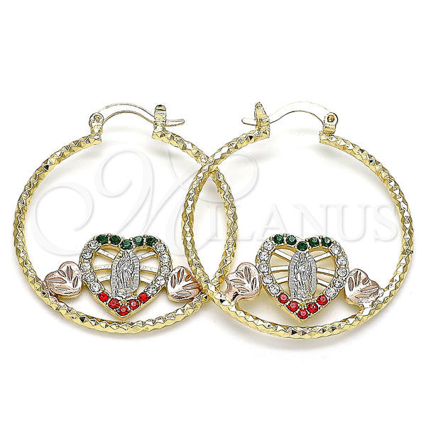 Gold Filled Hoop Earrings — Medium Hoop Guadalupe and Heart Design with Multicolor — main product view — SKU 141444 | Oro Laminado aretes de aro — Medium Hoop Guadalupe and corazón diseño with Multicolor — SKU 141444