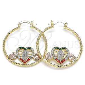Gold Filled Hoop Earrings — Medium Hoop Guadalupe and Heart Design with Multicolor — main product view — SKU 141444 | Oro Laminado aretes de aro — Medium Hoop Guadalupe and corazón diseño with Multicolor — SKU 141444