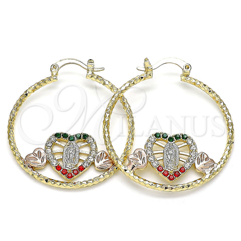 Oro Laminado Medium Hoop, Gold Filled Style Guadalupe and Heart Design, with Multicolor Crystal, Diamond Cutting Finish, Tricolor, 02.351.0107.35
