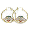Oro Laminado Medium Hoop, Gold Filled Style Guadalupe and Heart Design, with Multicolor Crystal, Diamond Cutting Finish, Tricolor, 02.351.0107.35