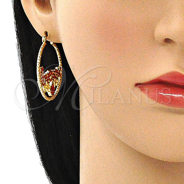 Gold Filled Hoop Earrings — Medium Hoop Love and Heart Design with Garnet — alternate product view — SKU 141445 | Oro Laminado aretes de aro — Medium Hoop Love and corazón diseño with Garnet — SKU 141445