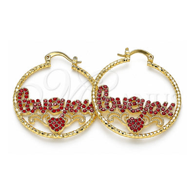Oro Laminado Medium Hoop, Gold Filled Style Love and Heart Design, with Garnet Crystal, Diamond Cutting Finish, Golden Finish, 02.351.0108.35