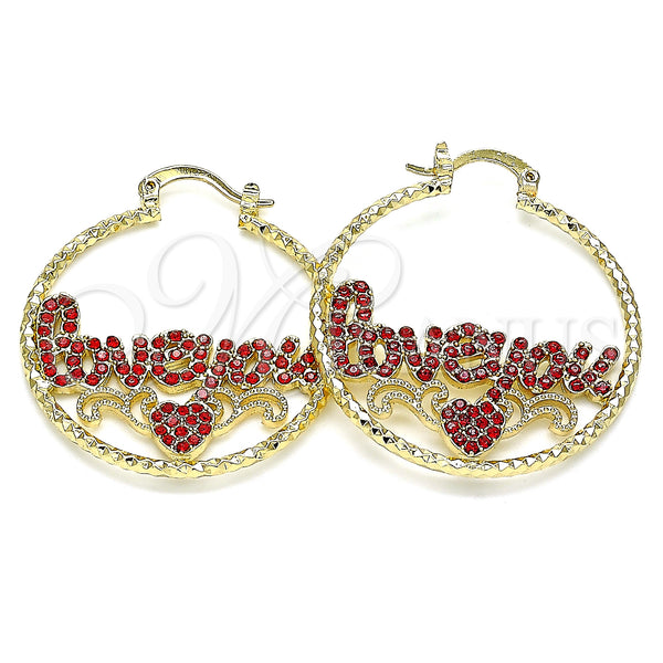 Gold Filled Hoop Earrings — Medium Hoop Love and Heart Design with Garnet — main product view — SKU 141445 | Oro Laminado aretes de aro — Medium Hoop Love and corazón diseño with Garnet — SKU 141445