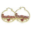Oro Laminado Medium Hoop, Gold Filled Style Love and Heart Design, with Garnet Crystal, Diamond Cutting Finish, Golden Finish, 02.351.0108.35