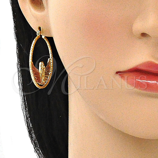 Gold Filled Hoop Earrings — Medium Hoop Guadalupe Design Diamond Cutting Tricolor 02. — alternate product view — SKU 141446 | Oro Laminado aretes de aro — Medium Hoop Guadalupe diseño Diamond Cutting Tricolor 02. — SKU 141446