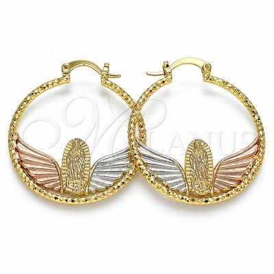 Oro Laminado Medium Hoop, Gold Filled Style Guadalupe Design, Diamond Cutting Finish, Tricolor, 02.351.0109.35