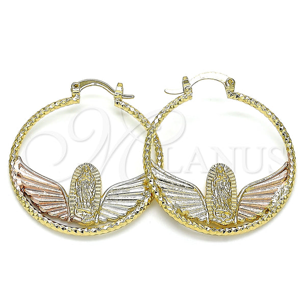 Gold Filled Hoop Earrings — Medium Hoop Guadalupe Design Diamond Cutting Tricolor 02. — main product view — SKU 141446 | Oro Laminado aretes de aro — Medium Hoop Guadalupe diseño Diamond Cutting Tricolor 02. — SKU 141446
