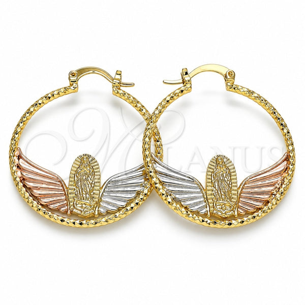Oro Laminado Medium Hoop, Gold Filled Style Guadalupe Design, Diamond Cutting Finish, Tricolor, 02.351.0109.35