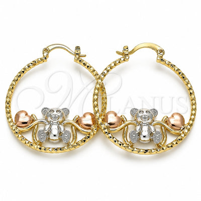 Oro Laminado Medium Hoop, Gold Filled Style Teddy Bear and Heart Design, Diamond Cutting Finish, Tricolor, 02.351.0110.35