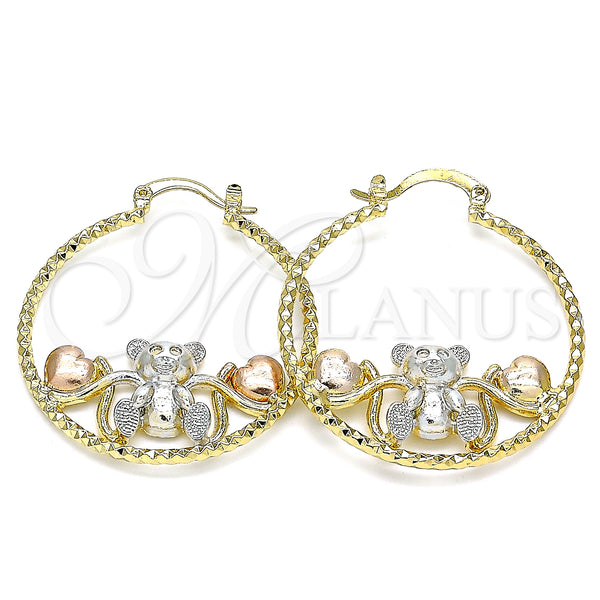 Gold Filled Hoop Earrings — Medium Hoop Teddy Bear and Heart Design Diamond — main product view — SKU 141447 | Oro Laminado aretes de aro — Medium Hoop Teddy Bear and corazón diseño Diamond — SKU 141447
