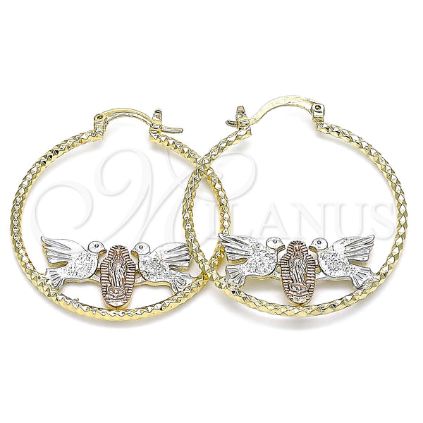 Gold Filled Hoop Earrings — Medium Hoop Guadalupe Design Diamond Cutting Tricolor 02. — main product view — SKU 141448 | Oro Laminado aretes de aro — Medium Hoop Guadalupe diseño Diamond Cutting Tricolor 02. — SKU 141448