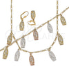 Oro Laminado Necklace, Bracelet and Earring, Gold Filled Style Guadalupe Design, Polished, Tricolor, 06.351.0003