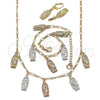 Oro Laminado Necklace, Bracelet and Earring, Gold Filled Style Guadalupe Design, Polished, Tricolor, 06.351.0003
