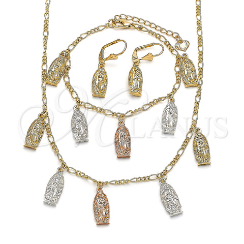Oro Laminado Necklace, Bracelet and Earring, Gold Filled Style Guadalupe Design, Polished, Tricolor, 06.351.0003