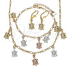 Oro Laminado Necklace, Bracelet and Earring, Gold Filled Style Turtle Design, Polished, Tricolor, 06.351.0005