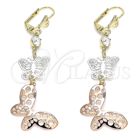 Oro Laminado Long Earring, Gold Filled Style Butterfly Design, with White Crystal, Polished, Tricolor, 02.351.0113