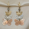 Oro Laminado Long Earring, Gold Filled Style Butterfly Design, with White Crystal, Polished, Tricolor, 02.351.0115