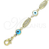 Oro Laminado Fancy Bracelet, Gold Filled Style Guadalupe and Evil Eye Design, Multicolor Resin Finish, Golden Finish, 03.351.0108.08 (06 MM Thickness, 8 Inches Length)