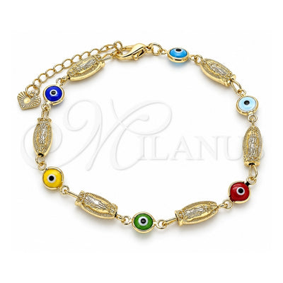 Oro Laminado Fancy Bracelet, Gold Filled Style Guadalupe and Evil Eye Design, Multicolor Resin Finish, Golden Finish, 03.351.0108.08 (06 MM Thickness, 8 Inches Length)