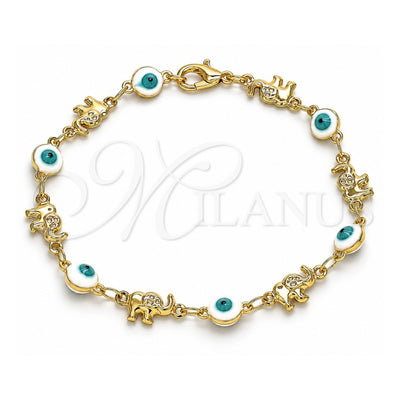 Oro Laminado Fancy Bracelet, Gold Filled Style Evil Eye and Elephant Design, White Enamel Finish, Golden Finish, 03.351.0107.3.07 (06 MM Thickness, 7 Inches Length)