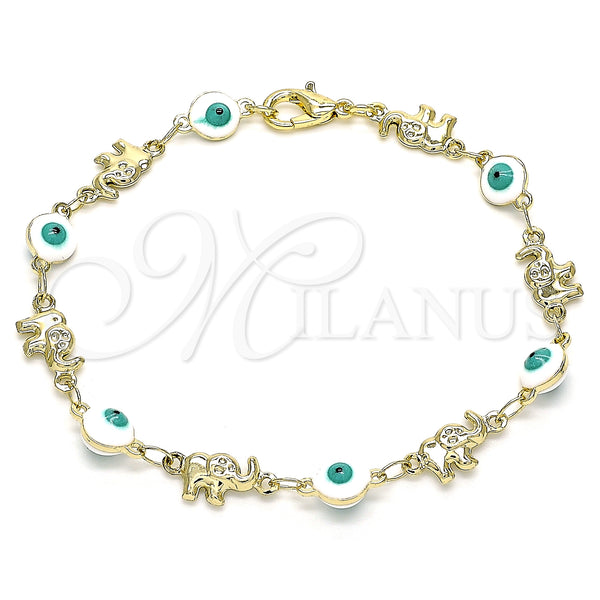 Gold Filled Bracelet — Fancy Bracelet Evil Eye and Elephant Design White — main product view — SKU 141460 | Oro Laminado brazalete — elegante Bracelet Evil Eye and Elephant diseño blanco — SKU 141460