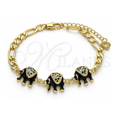 Oro Laminado Fancy Bracelet, Gold Filled Style Elephant Design, with White Crystal, Black Enamel Finish, Golden Finish, 03.351.0109.07 (05 MM Thickness, 7 Inches Length)