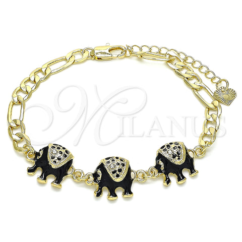 Oro Laminado Fancy Bracelet, Gold Filled Style Elephant Design, with White Crystal, Black Enamel Finish, Golden Finish, 03.351.0109.07 (05 MM Thickness, 7 Inches Length)