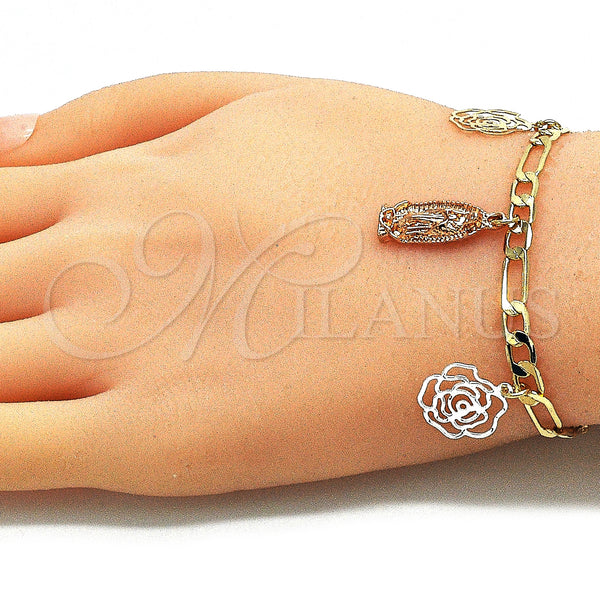 Gold Filled Bracelet — Charm Bracelet Guadalupe and Flower Design Polished Tricolor — alternate product view — SKU 141464 | Oro Laminado brazalete — Charm Bracelet Guadalupe and flor diseño pulido Tricolor — SKU 141464