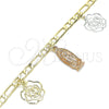 Oro Laminado Charm Bracelet, Gold Filled Style Guadalupe and Flower Design, Polished, Tricolor, 03.351.0112.07 (04 MM Thickness, 7 Inches Length)