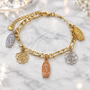 Oro Laminado Charm Bracelet, Gold Filled Style Guadalupe and Flower Design, Polished, Tricolor, 03.351.0112.07 (04 MM Thickness, 7 Inches Length)