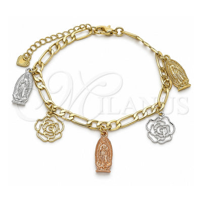 Oro Laminado Charm Bracelet, Gold Filled Style Guadalupe and Flower Design, Polished, Tricolor, 03.351.0112.07 (04 MM Thickness, 7 Inches Length)