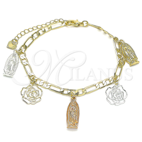 Oro Laminado Charm Bracelet, Gold Filled Style Guadalupe and Flower Design, Polished, Tricolor, 03.351.0112.07 (04 MM Thickness, 7 Inches Length)