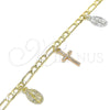 Oro Laminado Charm Bracelet, Gold Filled Style Guadalupe and Crucifix Design, Polished, Tricolor, 03.351.0113.07 (04 MM Thickness, 7 Inches Length)