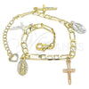 Oro Laminado Charm Bracelet, Gold Filled Style Guadalupe and Crucifix Design, Polished, Tricolor, 03.351.0113.07 (04 MM Thickness, 7 Inches Length)